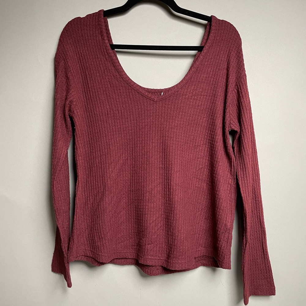 Burgundy Waffle Knit Long Sleeve Top V-Neck Casual Comfy Blouse Small‎ ABOUND